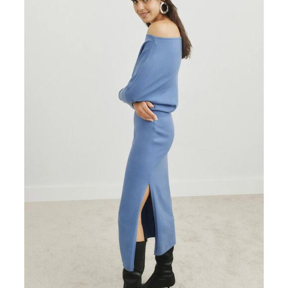 Simkhai Blue Off Shoulder Midi Sweater Dress SMALL Blouson Dolman Designer $425 - Picture 2 of 12
